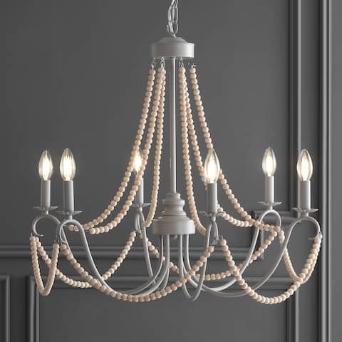 Orbit 6-Light 27" Adjustable Greige Metal/Wood Bead LED Chandelier, Grey/Natural by JONATHAN Y