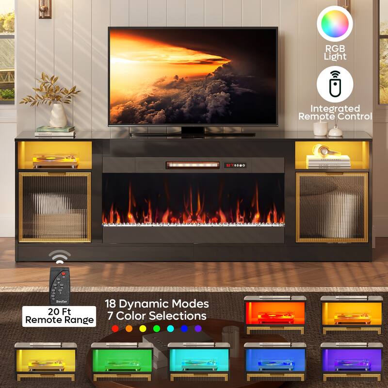 Bestier 71 in. Freestanding Fireplace TV Stand for TVs Up to 80 in. with Ample Storage in Glossy - 22.83hx71wx15.75d