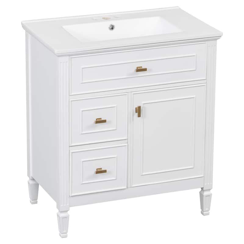 GDFStudio - Avalon 30-Inch Freestanding Bathroom Vanity with Ceramic Sink, Flip Drawer, Solid Wood & MDF Board
