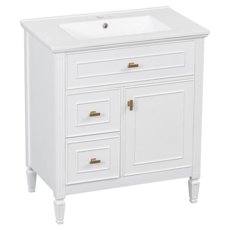 Roomfitters 30" Bathroom Vanity with Ceramic Sink, Solid Wood Frame with Flip Drawer, 2 Side Drawers & Adjustable Shelf