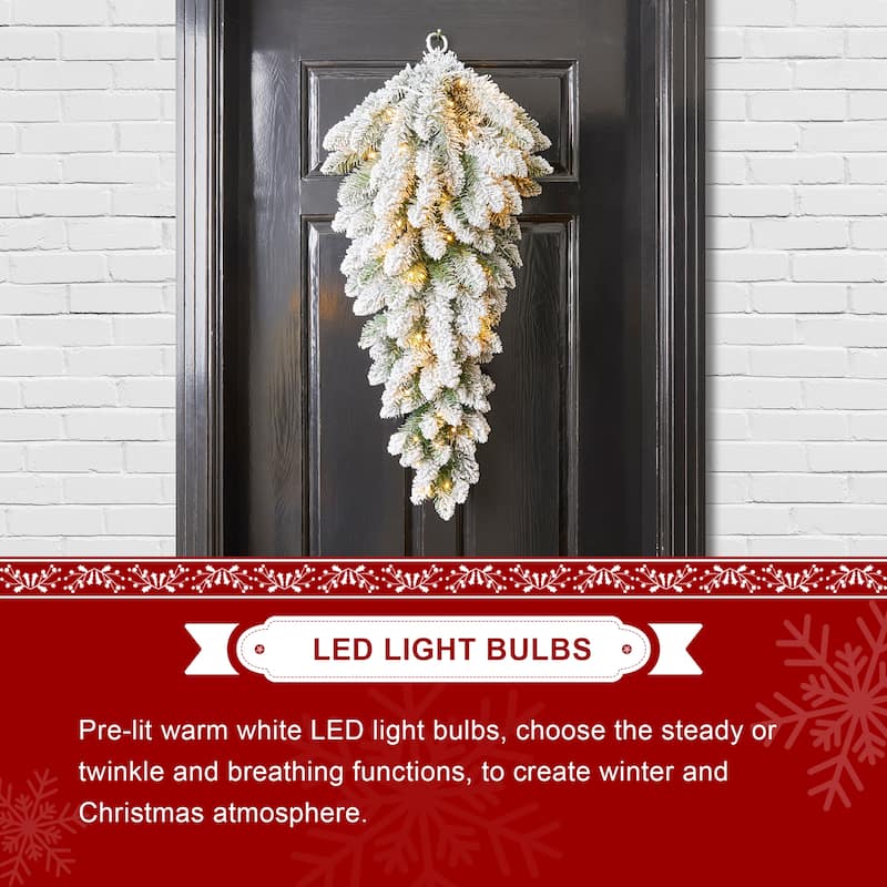 Glitzhome 3ft Pre-Lit Flocked White Poinsettia and Berries Christmas Teardrop
