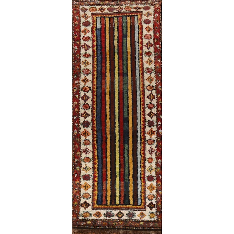 Hand Knotted Oriental 100% Wool Carpet Modern Geometric Multi-Colored Gabbeh Runner Rug - 11' 11'' X 3' 7''