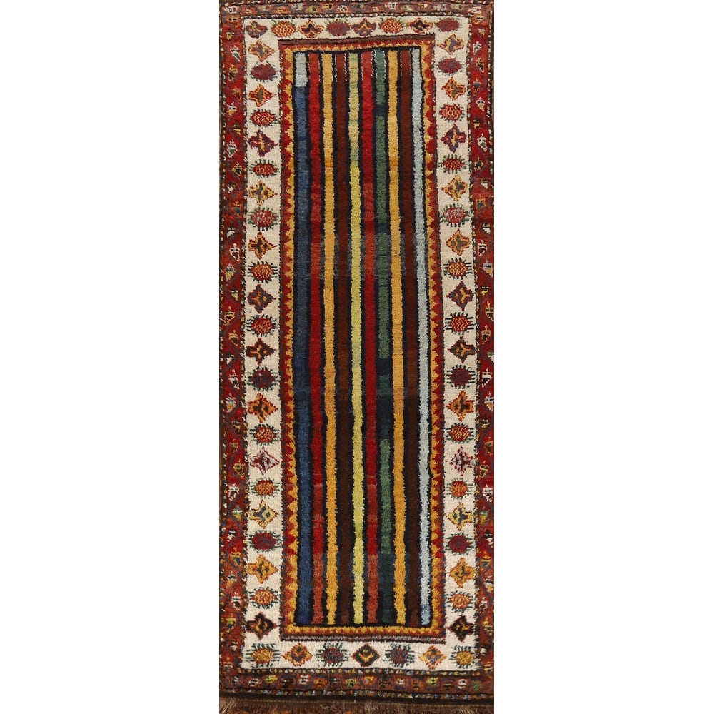 Hand Knotted Oriental 100% Wool Carpet Modern Geometric Multi-Colored Gabbeh Runner Rug - 11' 11'' X 3' 7''