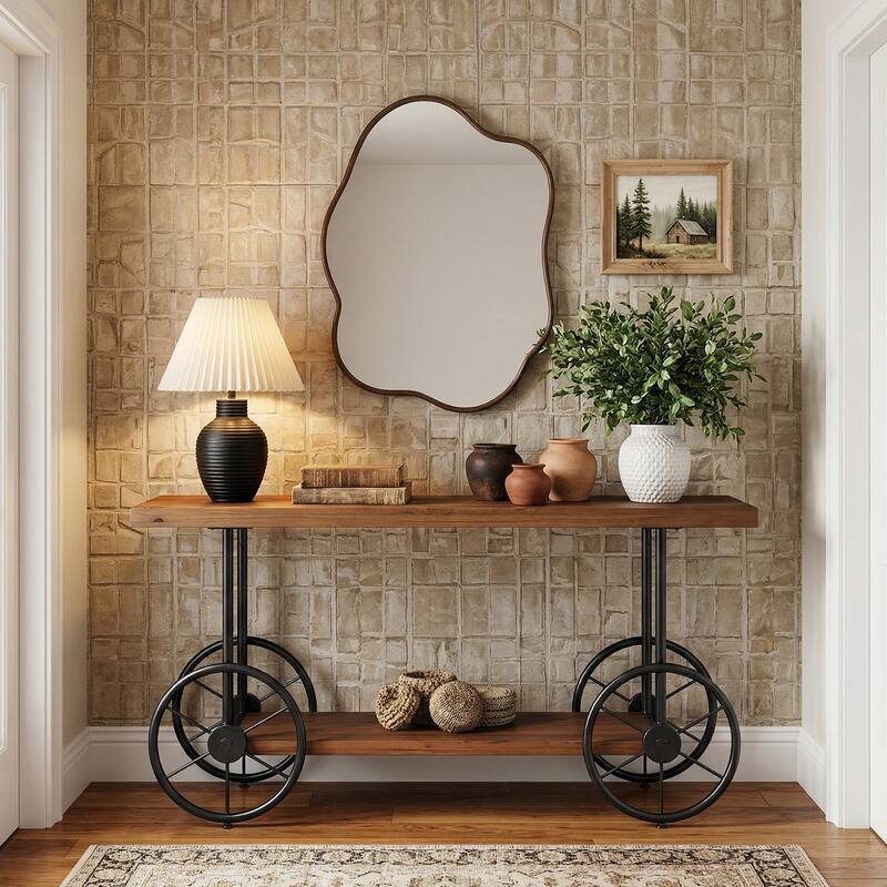 2-tier Solid Wood Console Sofa Table with Storage Shelves