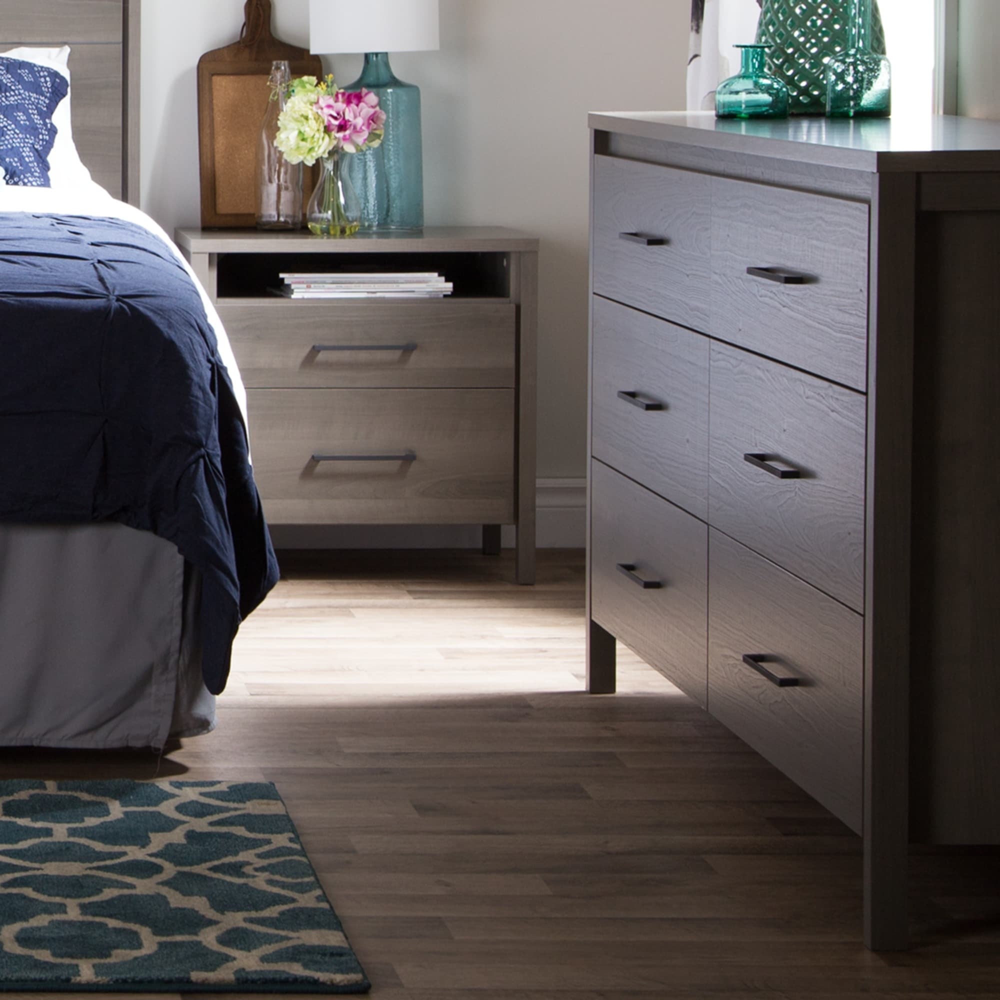 South Shore Gravity 6 Drawer Double Dresser and Nightstand Gray Maple