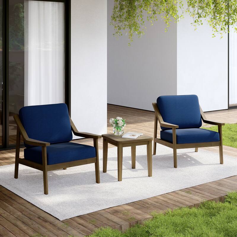 Outdoor Wood Cushioned Patio Set of 2 Accent Chair with Side Table - Natural Wood - Navy