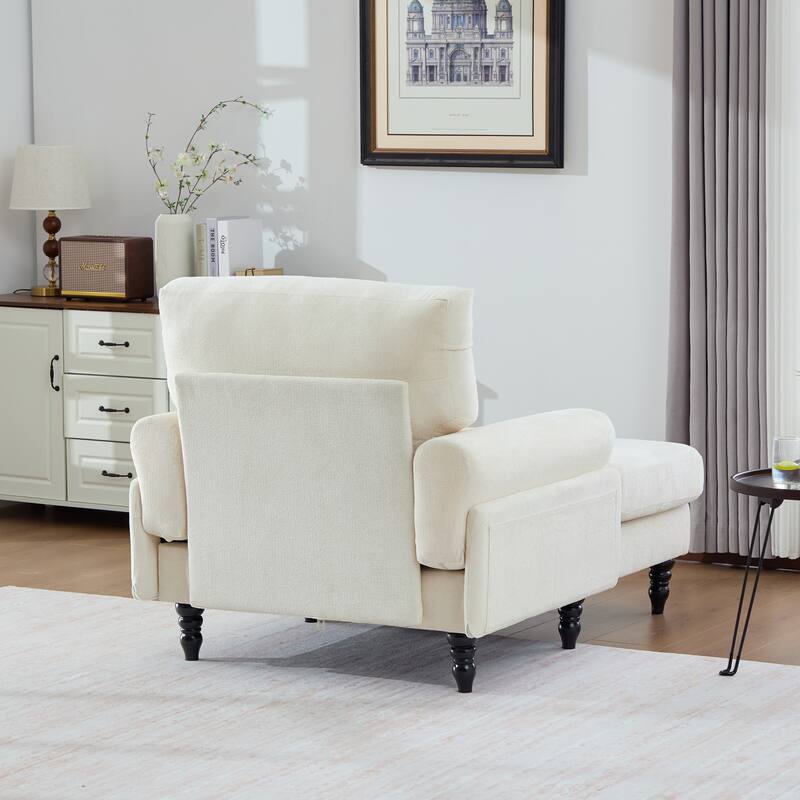 Modern Chaise Lounge Single Sofa Chair, Chenille Fabric Recliner Armchair with Side Pockets and Wooden Legs