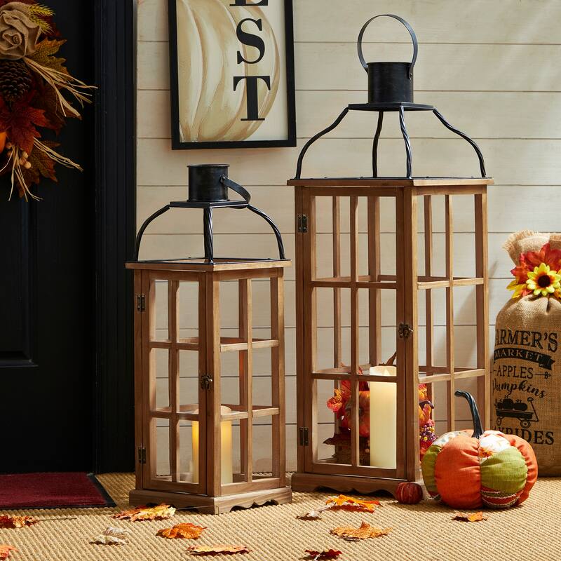 Glitzhome Oversized Farmhouse Wooden Metal Cage Candle Holders Patio Hanging Decorative Lanterns (Set of 2) - Brown