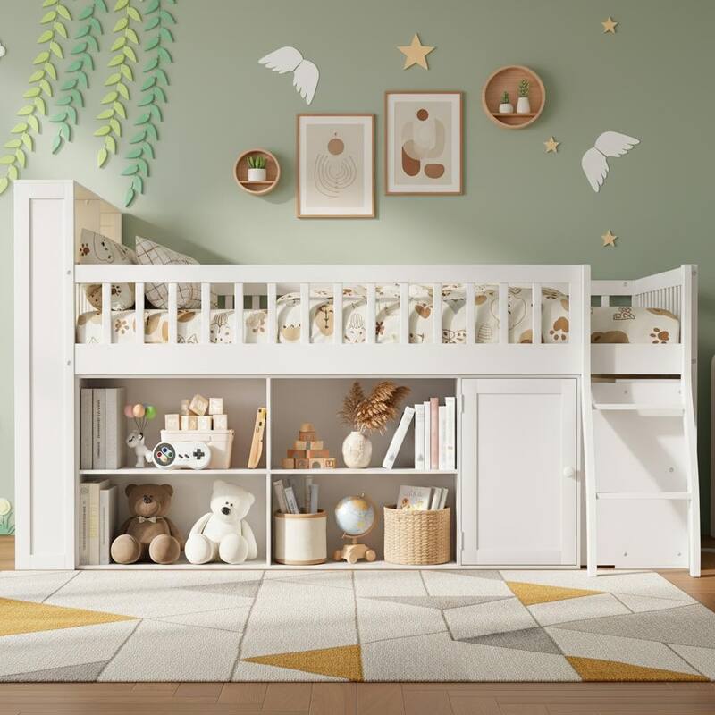 Loft Bed with Integrated LED Headboard, Spacious Storage & Cabinet by Harper&Bright Designs