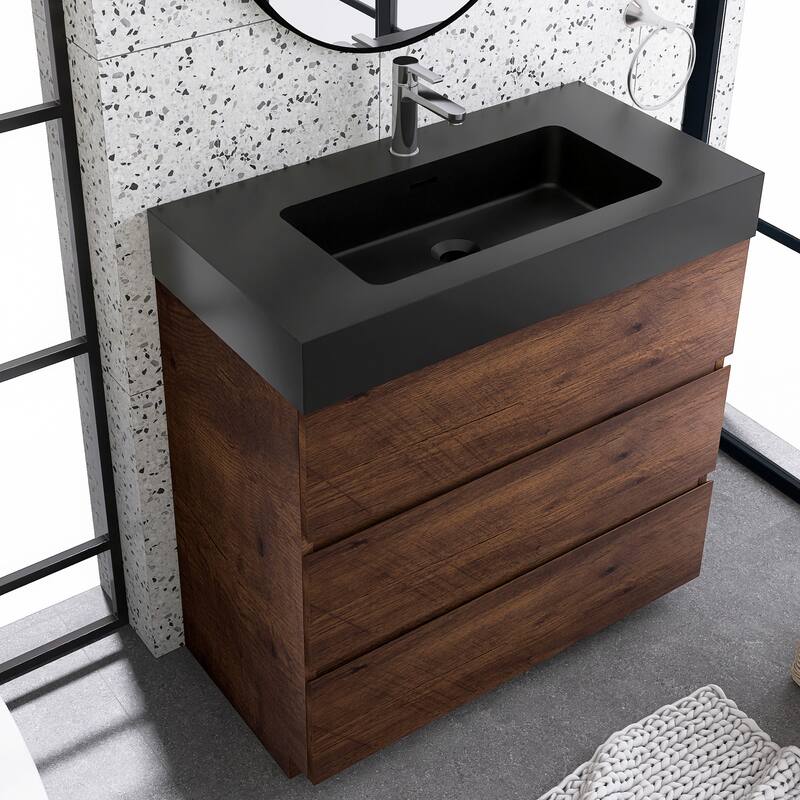 Freestanding Bathroom Vanity with Black Solid Surface Top