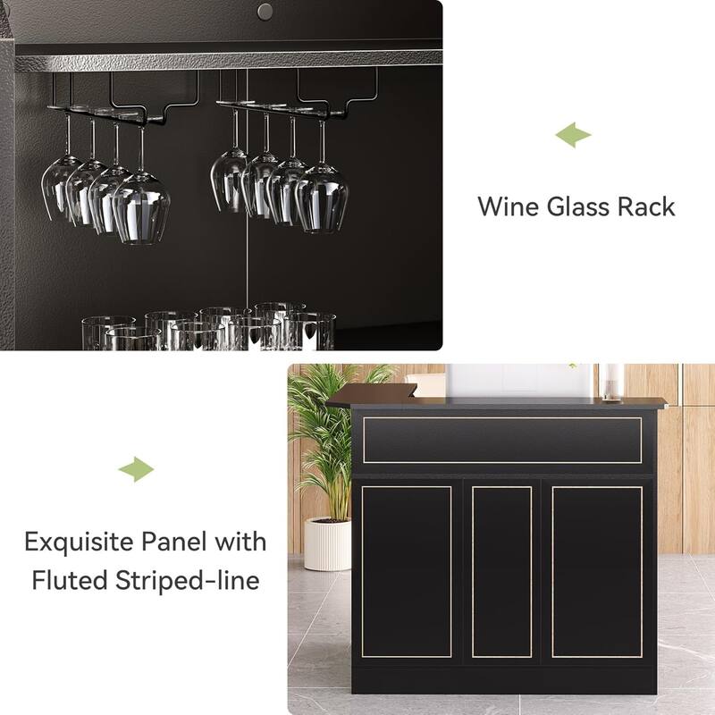 51.2" L-Shaped Home Bar Cabinet with Stemware Rack, Black