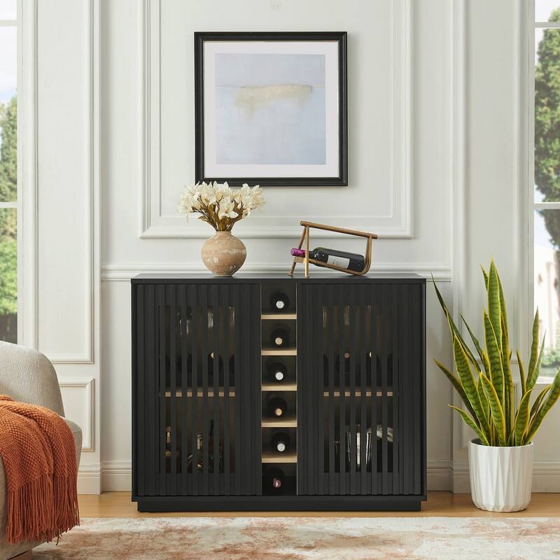 Mid Century Modern Fluted Buffet Cabinet with Wine Glass Holder and Wine Rack - Black