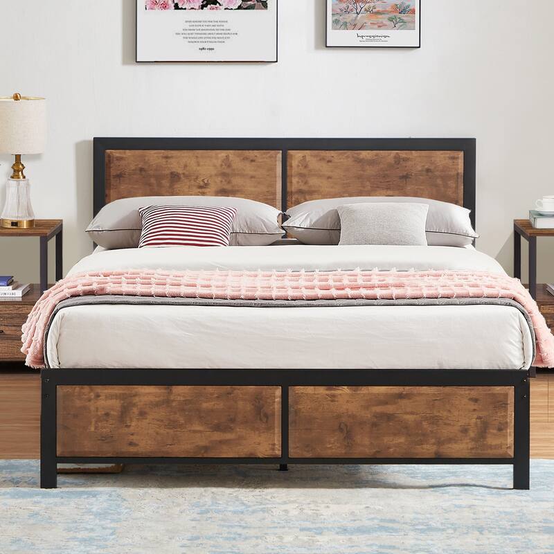 VECELO Platform Bed Frame with Wooden Headboard, Heavy Duty Steel Slats Support, No Box Spring Needed