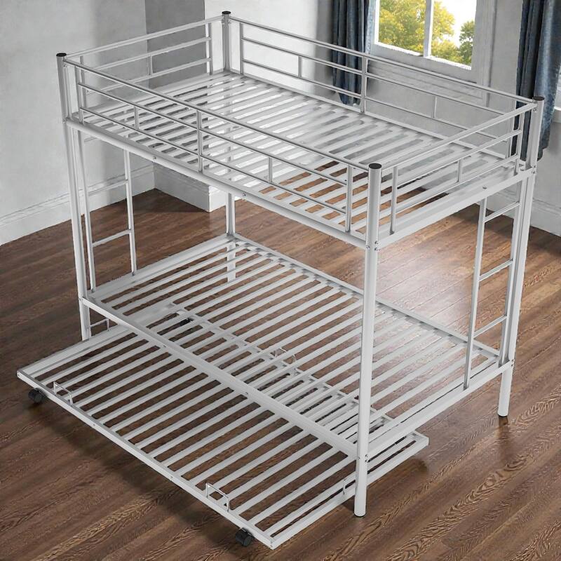 Twin over Twin Metal Bunk Bed with Trundle, Space Saving Bunk Bed with Ladder and Guardrails