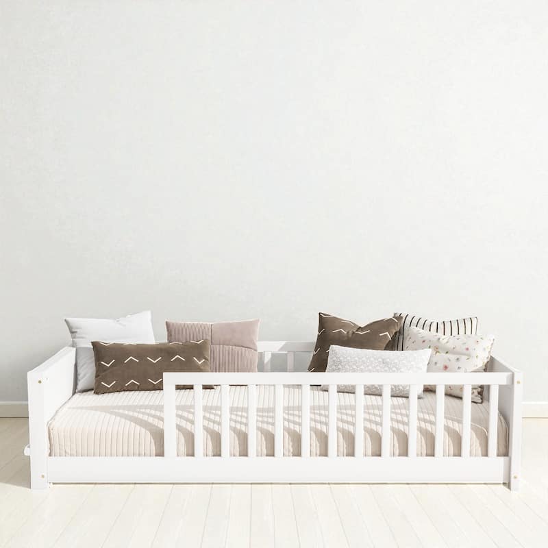 Twin Size Floor Platform Bed with Fence Rail and Built-in Book Rack, Wood Slat Support