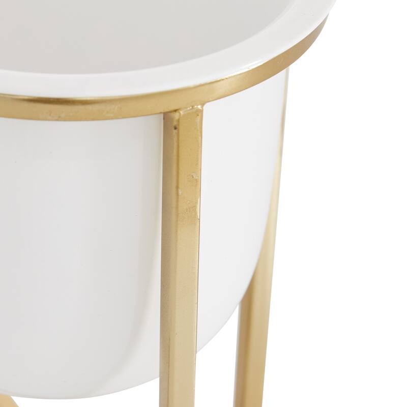 CosmoLiving by Cosmopolitan White Metal Dome Indoor Outdoor Planter with Gold X-Shaped Stands (Set of 2)