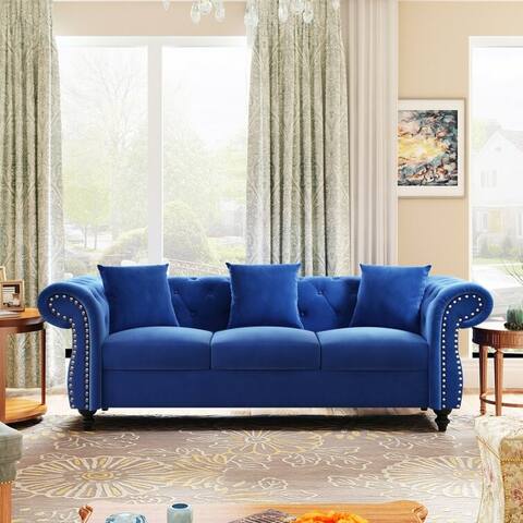 80" Chesterfield sofa tufted upholstered 3 seater sofa with 3 pillows