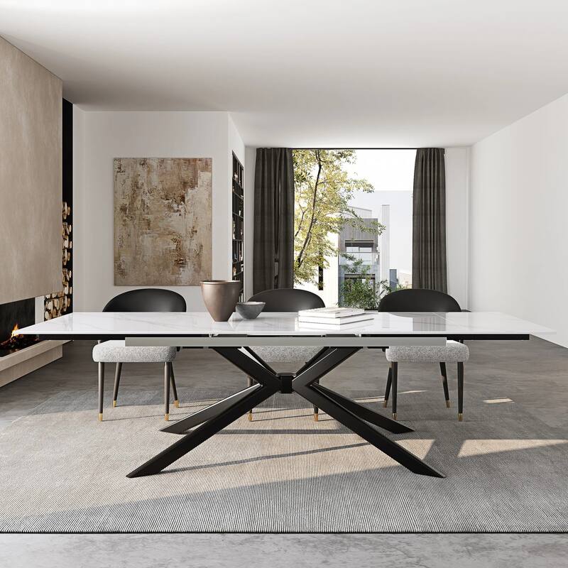 110.24'' Extendable Rectangular Sintered Stone Dining Table - 78.74" to 110.24" - Snowy Mountain White