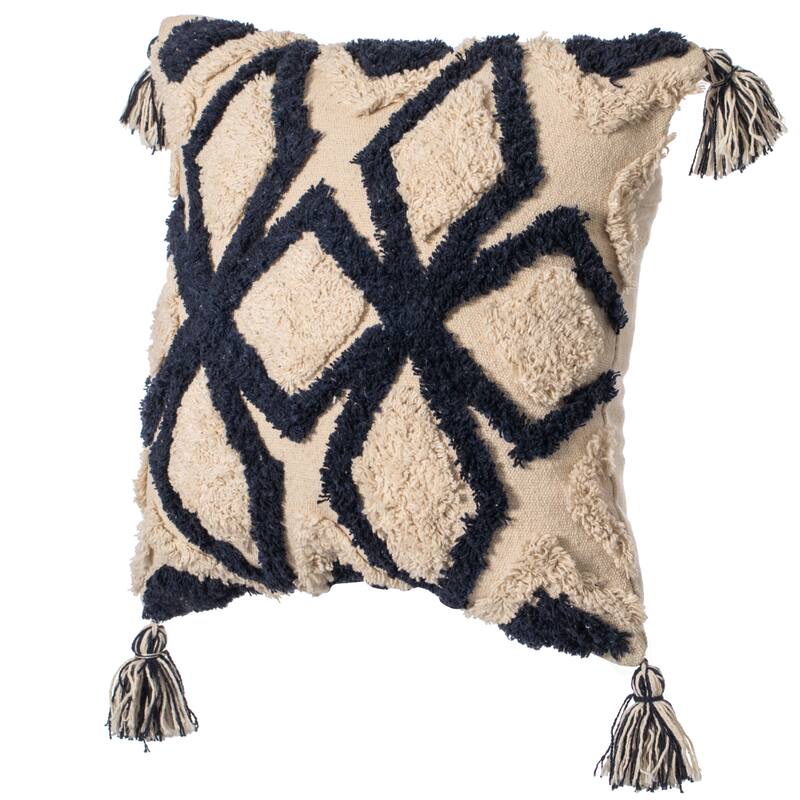16" Handwoven Cotton Throw Pillow Cover Tufted designs Side Tassels - Geometric with Cushion