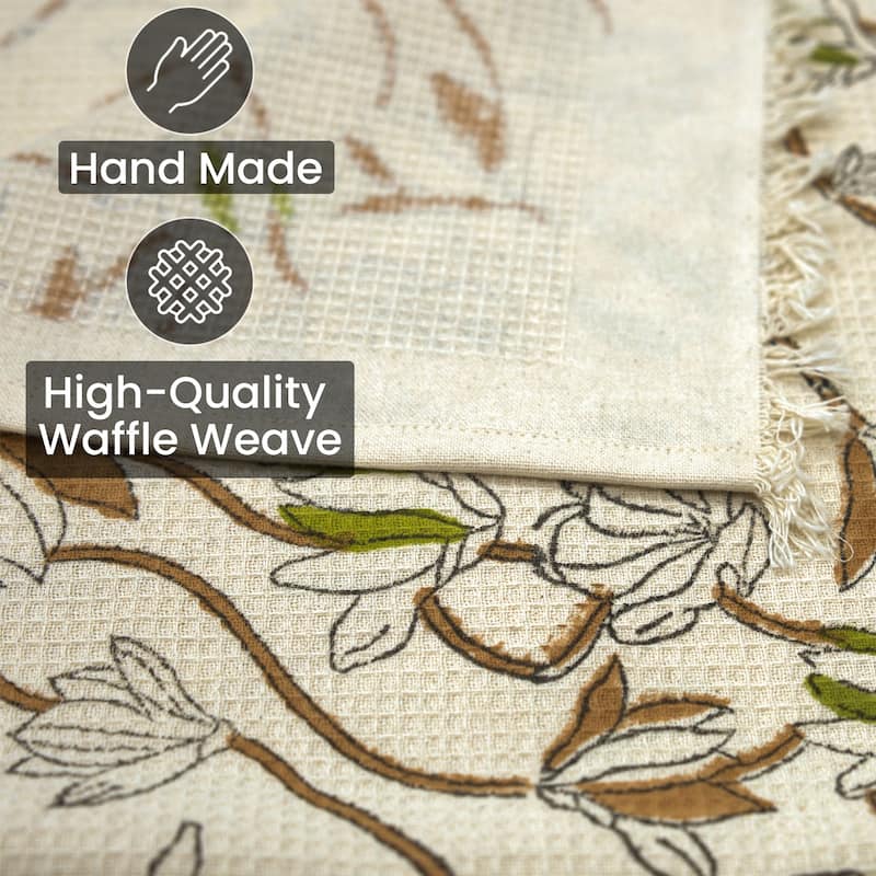 Fabdivine Honeycomb or Waffle Weave Hand Block Floral Print Hand Towel, Kitchen Gift Use