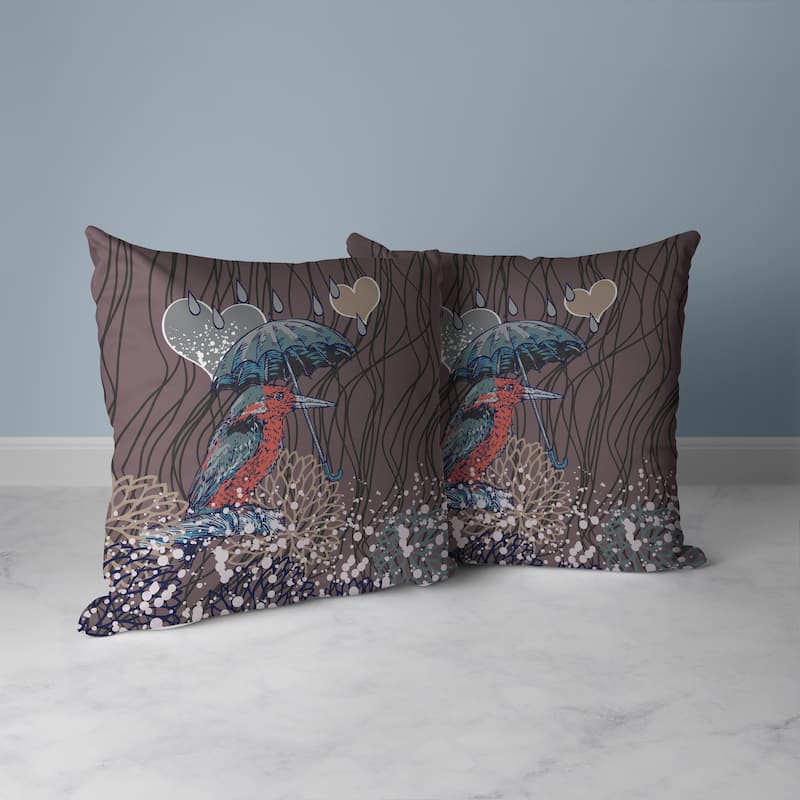 Bird with Umbrella Faux Suede Reversible Throw Pillow Lavender and Teal