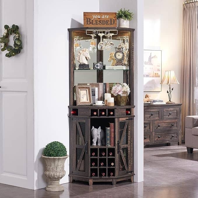 Farmhouse Corner Bar Storage Cabinet, Wine Bar Cabinet, Bar Cabinet