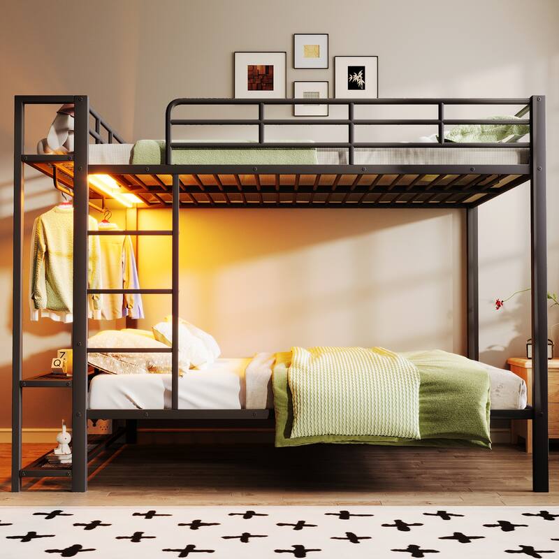 GDFStudio - Full Size Metal Bunk Bed with LED, Storage Shelves & Hooks