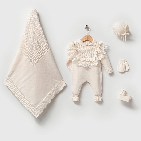 slide 2 of 4, Lace Trimmed Newborn Knitwear Coming Home Set - 5 Piece Cream