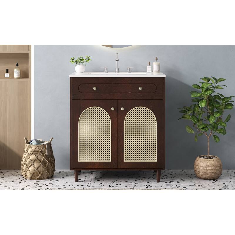 30" Bathroom Vanity with Ceramic Sink, Solid Wood Frame Bathroom Sink Cabinet with Adjustable Shelf, Tip-Drawer