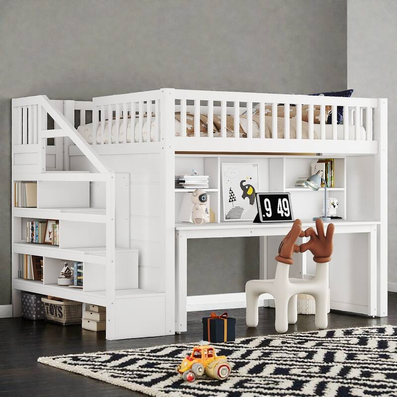 Loft Bed with Movable Desk, Storage Stairs & Shelves, Solid Wood Twin/Full High Loft Bed with Study Area & Safety Guardrails - White - Full