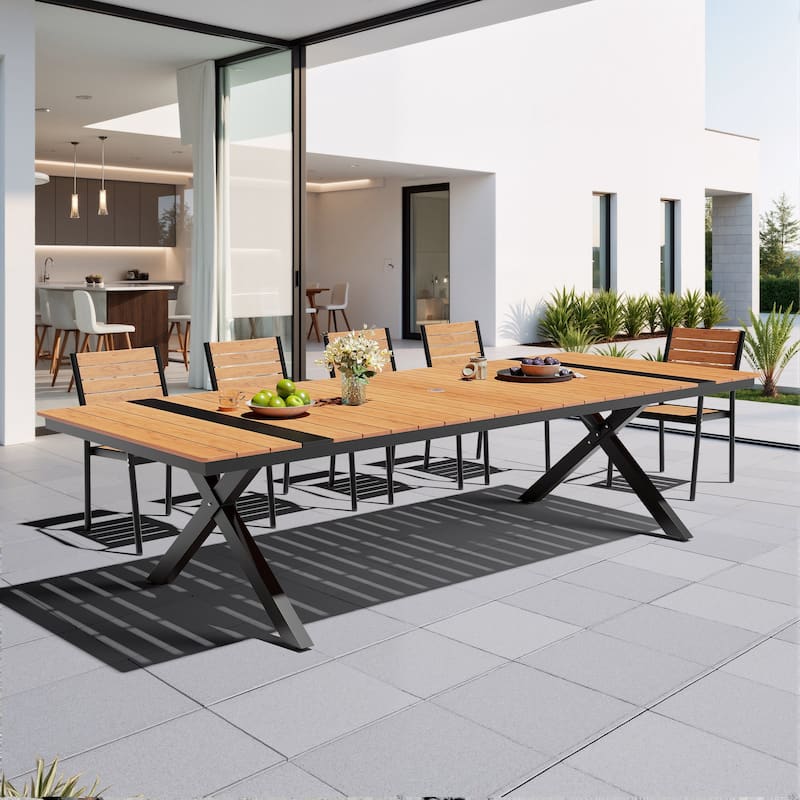 Outdoor Patio Aluminum Dining Rectangular Table with Umbrella Hole - Brown - 118.11 inches long