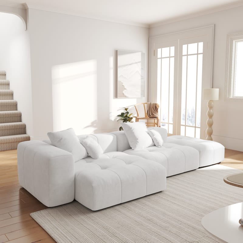119.27" Linen Modular Sofa Chaise Sectional Sofa with Pillows, Ottoman - White