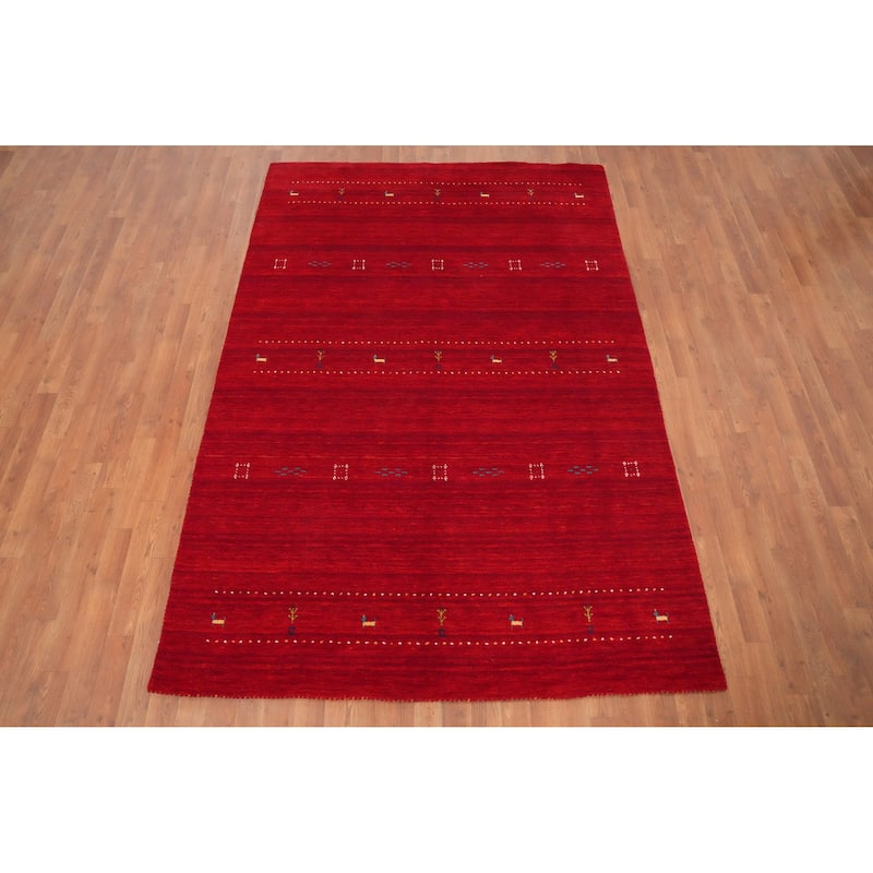 Hand Knotted Oriental 100% Wool Carpet Tribal Animal Pictorial Red Gabbeh Area Rug - 8' 1'' X 5' 5''