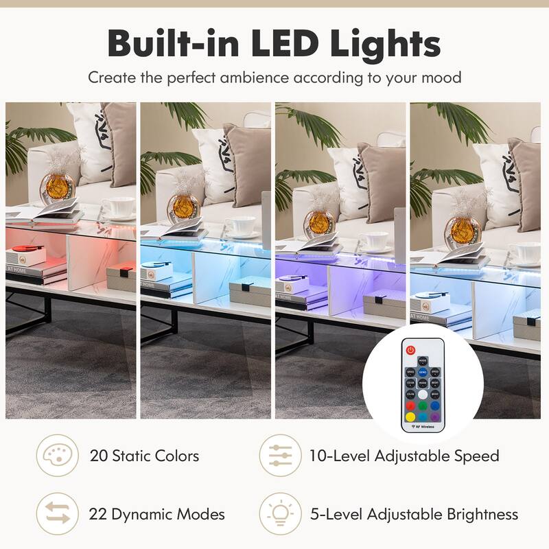 Gymax High-gloss LED Coffee Table w/ Faux Marble & Tempered Glass Top