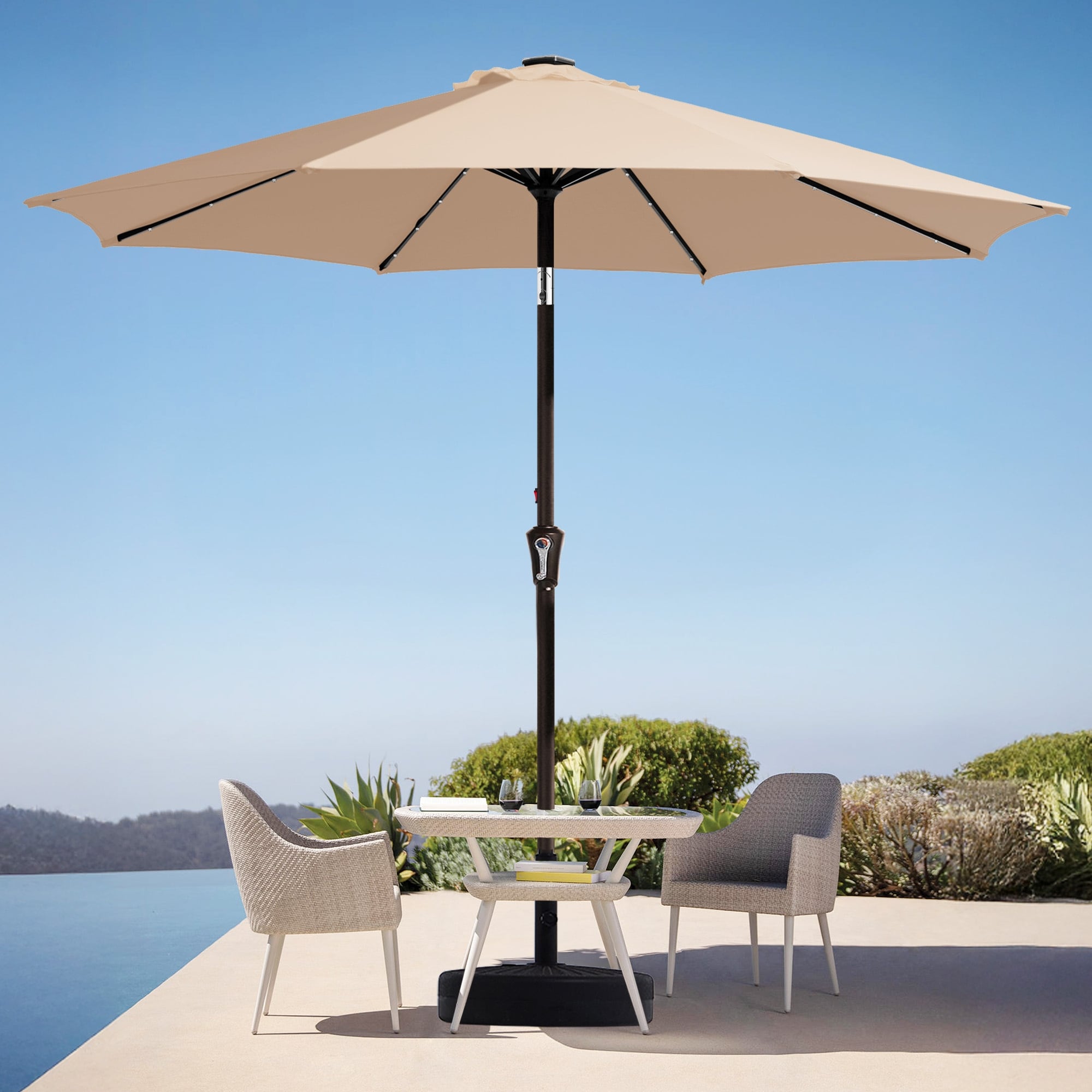9ft patio umbrella w led lites Westlake 9 ft. Solar Power lights Market Sided Market Patio Umbrella with Base and Crank combines extensive daytime coverage with enchanting nighttime lighting 9FT Solar LED Patio Umbrella,Tilt