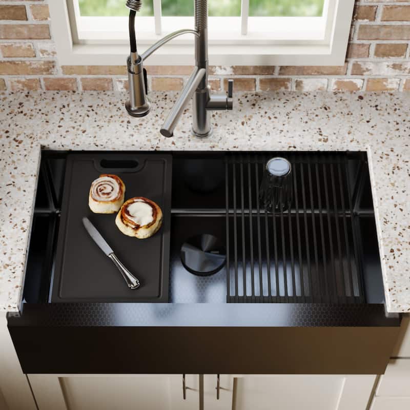 Karran Matrix 33" Apron Front Workstation 16 Gauge Single Bowl Stainless Steel Kitchen Sink with Accessories