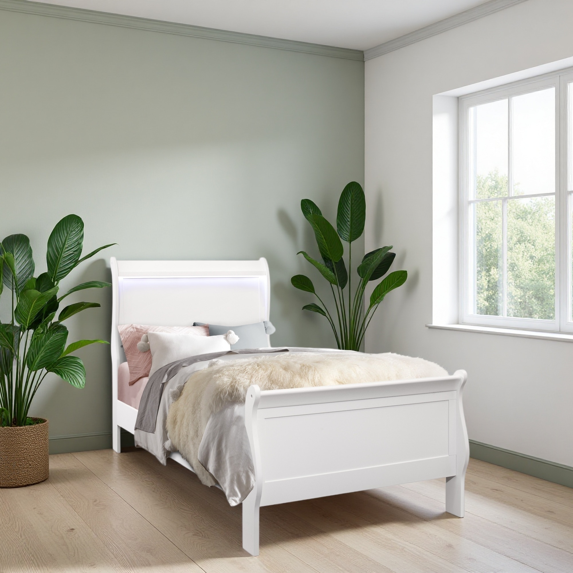 Twin Size Wood Sleigh Platform Bed with LED Lighting, Modern Design Bed Frame, Contemporary Design