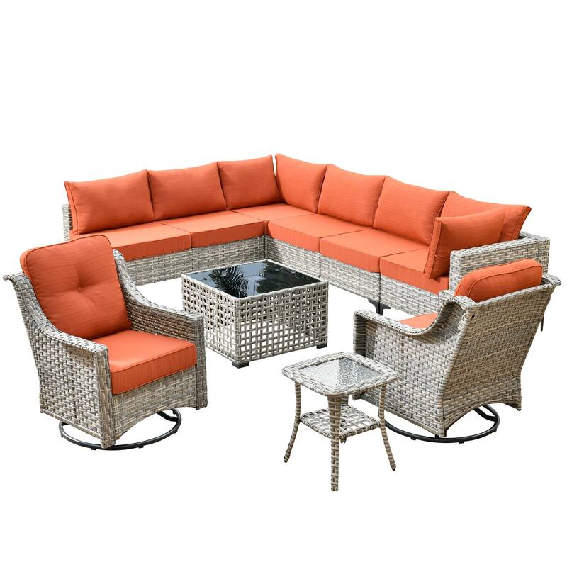 HOOOWOOO 10-piece Wicker Patio Furniture Set Sectional Sofa with Swivel Chair