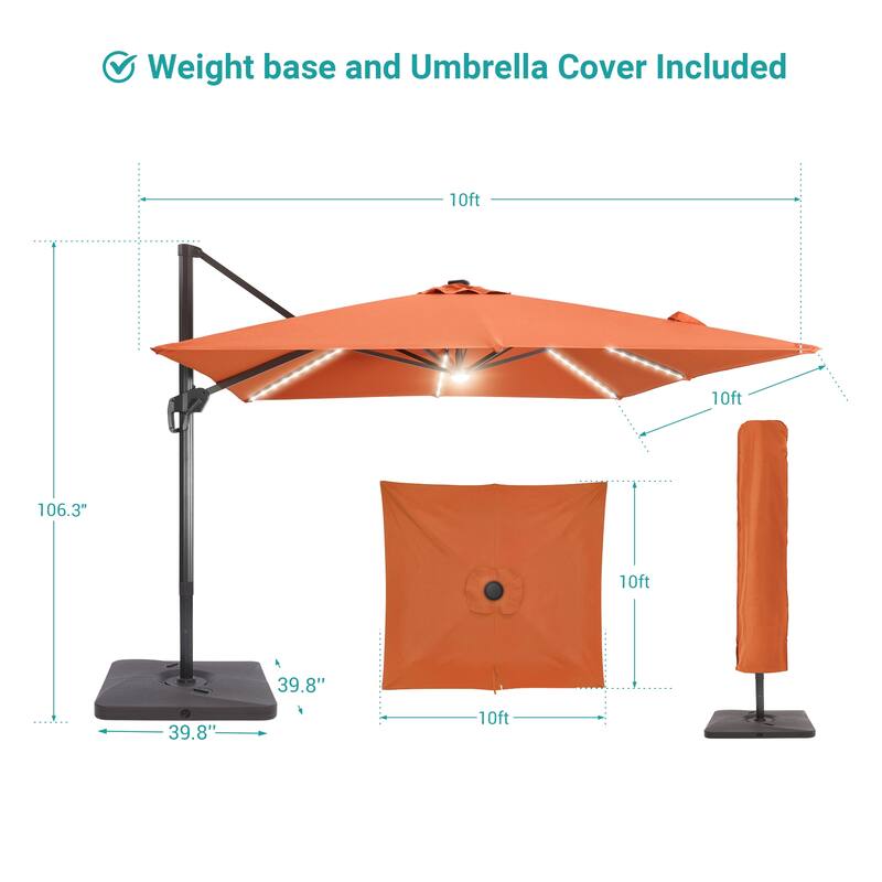 BONOSUKI 10x10FT LED Cantilever Patio Umbrella Angle Adjustment w/Base