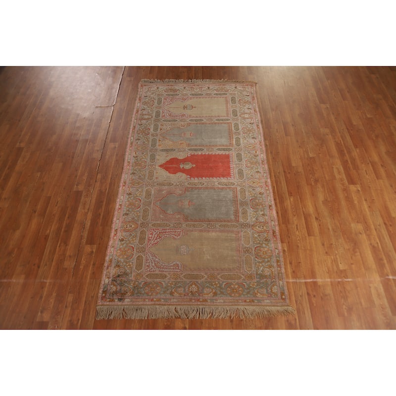 Hand Knotted Oriental Silk Carpet Transitional Geometric Multi-Colored Anatolian Area Rug - 7' 6'' X 4' 0''