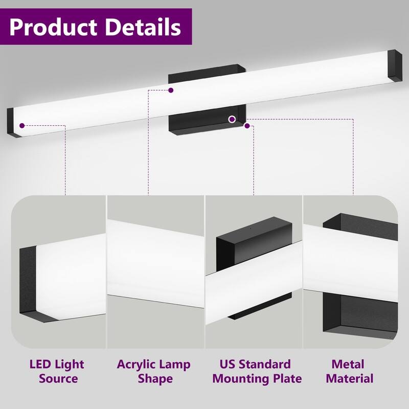 Modern Black LED Bathroom Vanity Light - 6000K Cool White Over Mirror Lighting