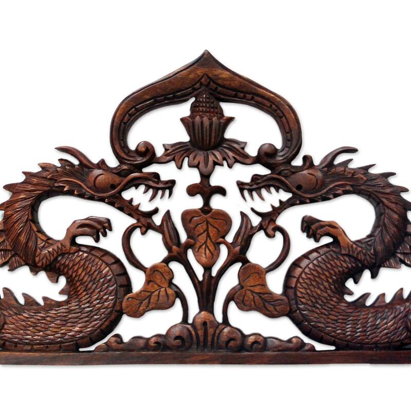 Handmade Guardian Dragons Wood wall sculpture (Indonesia)
