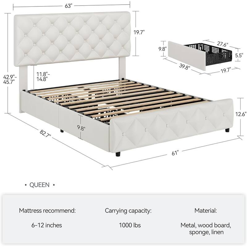 PU Leather Bed Frame with Adjustable Headboard and 4 Storage Drawers