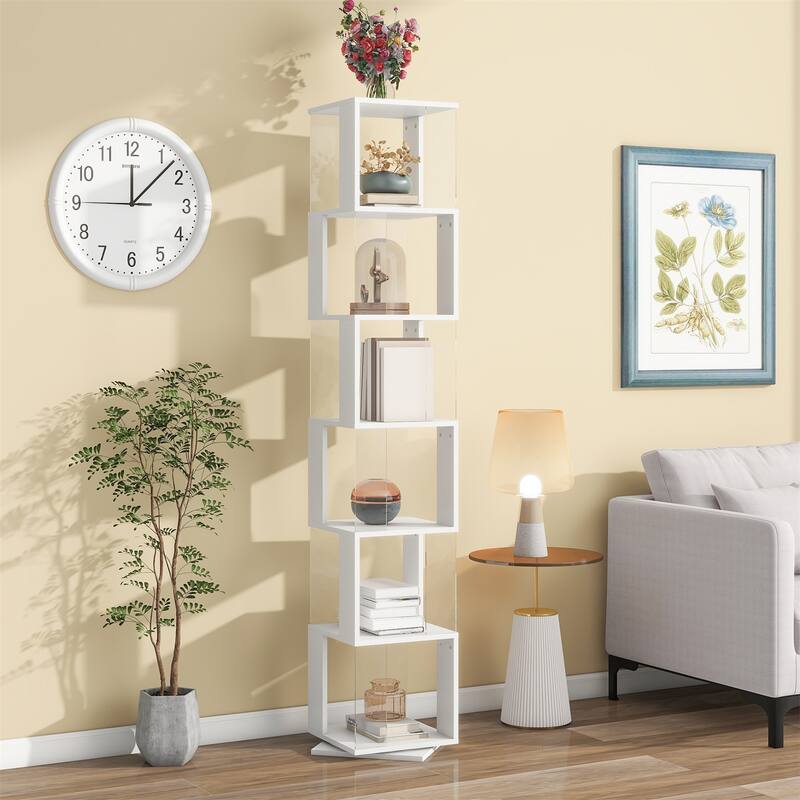 6 tier Rotating Bookshelf, Floor Rack Simple Bookcase w/ Acrylic Plate - White