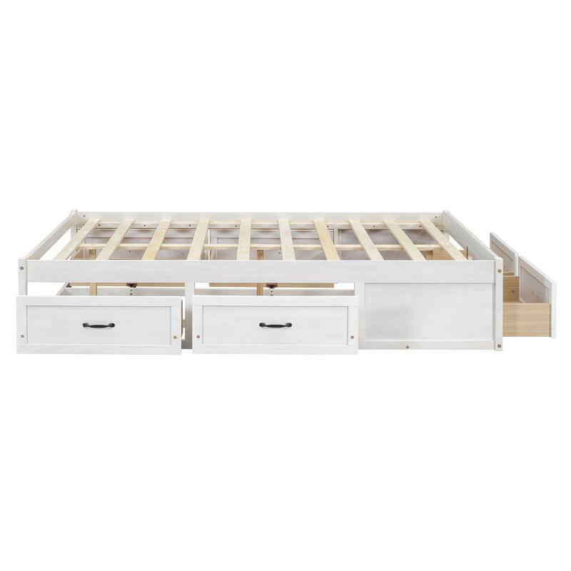 Full Size Platform Bed with 6 Storage Drawers in Antique White
