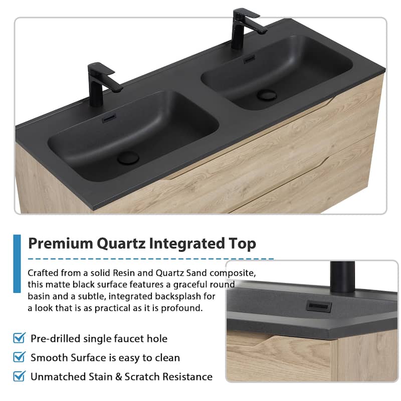 RupheonD 24"-48" Floating Bath Vanity in Evita Oak with Black Quartz Top