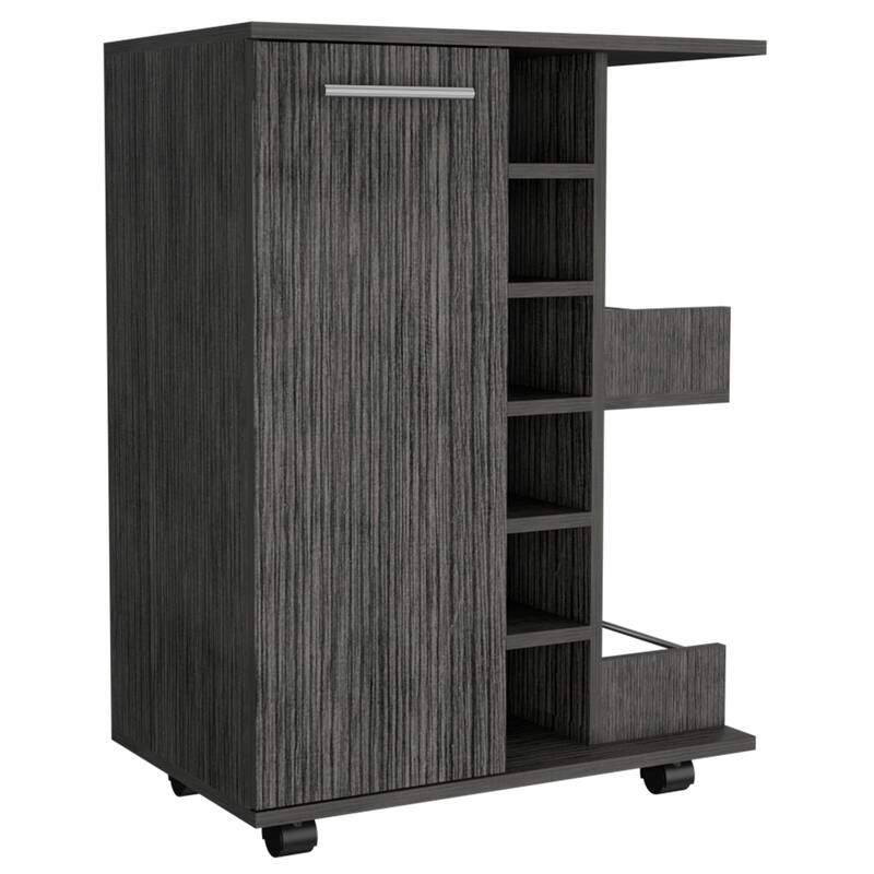 TUHOME Bar Cart, Two External Shelves, Four Casters, Six Built-in Wine Rack and Single Door Cabinet - 23" W x14"D x 32"H