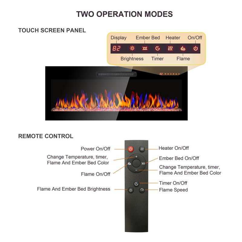 50 Inch Recessed Ultra Thin Tempered Glass Front Wall Mounted Electric Fireplace With Remote And Multi Color Flame & Emberbed