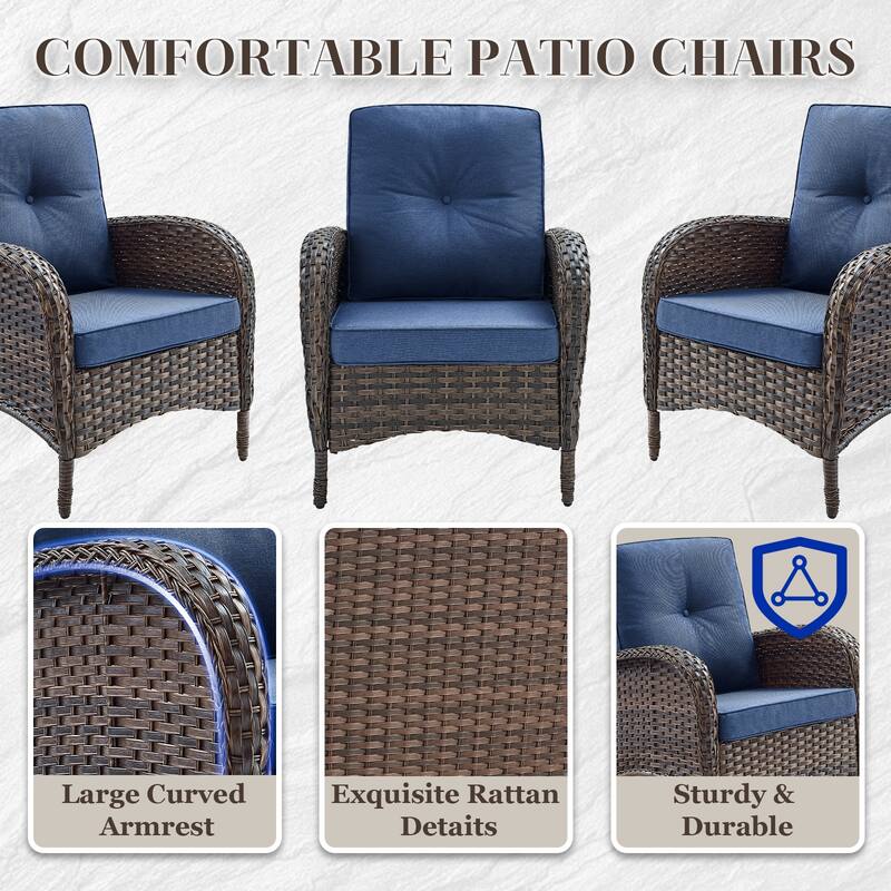 Patio Chairs Ottomans with Sofa Coffee Table -Blue - Brown