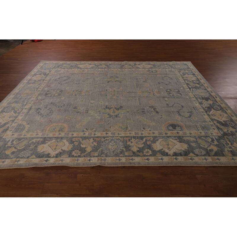 Vegetable Dye Grey Oushak Turkish Rug Hand-Knotted Floral Wool Carpet - 8'1"x 10'1"